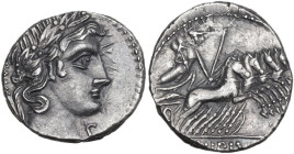 C. Vibius Pansa. Denarius, 90 BC. Obv. Laureate head of Apollo right; behind, PANSA; below chin, control letter. Rev. Minerva in quadriga right; in ex...