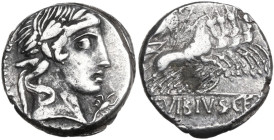 C. Vibius Pansa. Denarius, 90 BC. Obv. Laureate head of Apollo right; behind, PANSA; below chin, scorpion. Rev. Minerva in quadriga right; in exergue,...