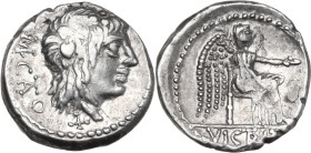 M. Cato. Quinarius, 89 BC. Obv. Head of Liber right, wearing ivy-wreath; behind, M·CATO (AT ligate); below, control-mark. Rev. Victory seated right, h...