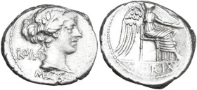 M. Cato. Denarius, 89 BC. Obv. Female draped bust right; behind, ROMA (MA ligate); below, M·CATO (AT ligate). Rev. Victory seated right, holding pater...