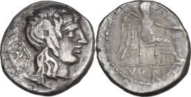 M. Cato. Quinarius, 89 BC. Obv. Head of Liber right, wearing ivy-wreath; behind, M·CATO (AT ligate). Rev. Victory seated right, holding patera and pal...