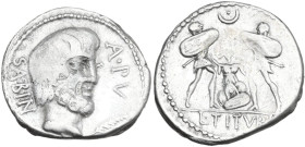 L. Titurius L. f. Sabinus. AR Denarius, 89 BC. Obv. SABIN. A.PV. Head of King Tatius right; palm frond below chin. Rev. Tarpeia stands facing between ...