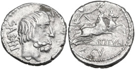L. Titurius L. f. Sabinus. AR Denarius, 89 BC. Obv. SABIN. Head of King Tatius right. Rev. Victory in biga right holding holding reins and wreath; bel...