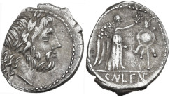 Cn. Cornelius Lentulus Clodianus. Quinarius, 88 AD. Obv. Laureate head of Jupiter right. Rev. Victory standing right, crowning trophy; in exergue, CN·...