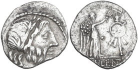 Cn. Cornelius Lentulus Clodianus. AR Quinarius, 88 AD. Obv. Laureate head of Jupiter right. Rev. Victory standing right, crowning trophy; in exergue, ...