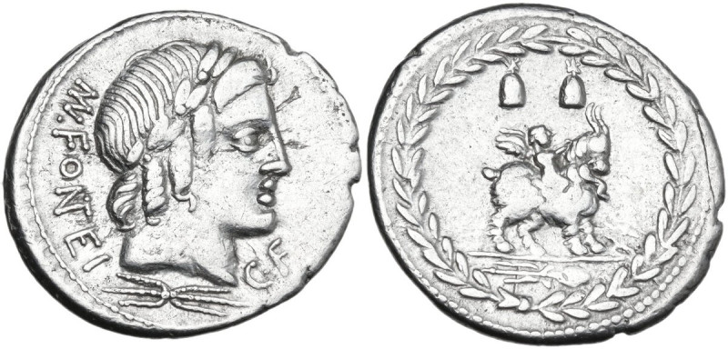 Mn. Fonteius C.f. AR Denarius, 85 BC. Obv. Laureate head of Apollo right; below,...