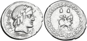 Mn. Fonteius C.f. AR Denarius, 85 BC. Obv. Laureate head of Apollo right; below, thunderbolt; behind, MN·FONTEI-C·F (MN and NT ligate). Rev. Cupid sea...