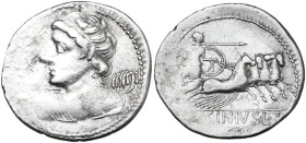 C. Licinius L. f. Macer. AR Denarius, 84 BC. Obv. Diademed and draped bust of Vejovis left turned from spectator, hurling thunderbolt. Rev. Minerva in...