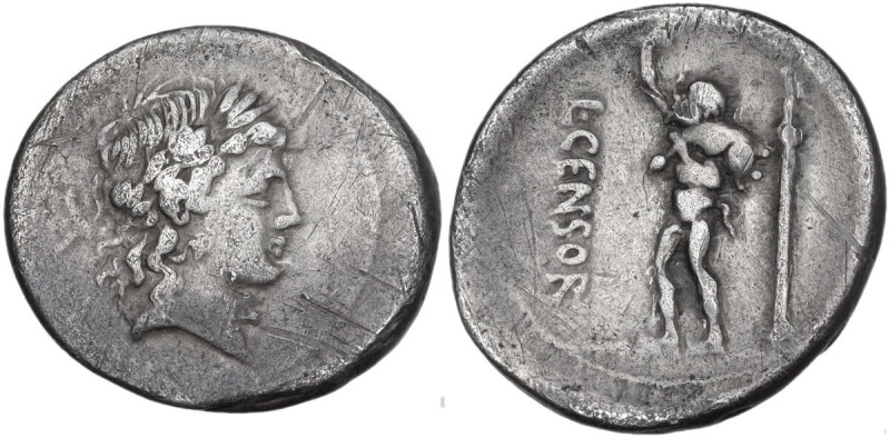 L. Marcius Censorinus. AR Denarius, 82 BC. Obv. Laureate head of Apollo right. R...