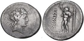 L. Marcius Censorinus. AR Denarius, 82 BC. Obv. Laureate head of Apollo right. Rev. The satyr Marsyas standing left, with right arm raised and holding...