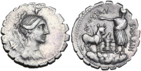 A. Postumius Albinus. Denarius serratus, 81 BC. Obv. Draped bust of Diana right, bow and quiver on shoulder; above, bucranium. Rev. A·POST·A·F·S·N·ALB...