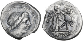 Anonymous. Quinarius, uncertain mint, 81 BC. Obv. Laureate head of Apollo right. Rev. Victory standing right, crowning trophy; between, dot above F; i...