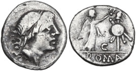 Anonymous. Quinarius, uncertain mint, 81 BC. Obv. Laureate head of Apollo right. Rev. Victory standing right, crowning trophy; between, dot above C; i...