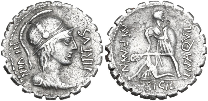 Mn. Aquillius Mn. f. Mn. n. Fourreé Denarius serratus, 71 BC. Obv. VIRTVS-III·VI...