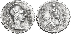 Mn. Aquillius Mn. f. Mn. n. Fourreé Denarius serratus, 71 BC. Obv. VIRTVS-III·VIR. Helmeted and draped bust of Virtus right. Rev. MN·AQVIL-MN·F·MN·N (...