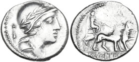 M. Volteius M.f. AR Denarius, 78 BC. Obv. Draped bust of Attis or young Corybas right, wearing laureate helmet; behind, mark of control. Rev. Cybele s...
