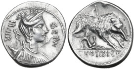 C. Hosidius C. f. Geta. Denarius, 68 BC. Obv. GETA-III·VIR. Diademed and draped bust of Diana right (smaller head), with bow and quiver over shoulder....