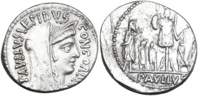 L. Aemilius Lepidus Paullus. Denarius, 62 BC. Obv. PAVLLVS·LEPIDVS-CONCORDIA. Diademed and veiled bust of Concordia right. Rev. Trophy; on right, toga...
