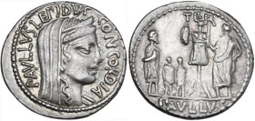 L. Aemilius Lepidus Paullus. Denarius, 62 BC. Obv. PAVLLVS·LEPIDVS-CONCORDIA. Diademed and veiled bust of Concordia right. Rev. Trophy; on right, toga...