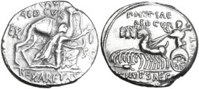 M. Aemilius Scaurus with Pub. Plautius Hypsaeus. AR Denarius, 58 BC. Obv. Camel right; before, King Aretas kneeling right, holding reins in left hand ...