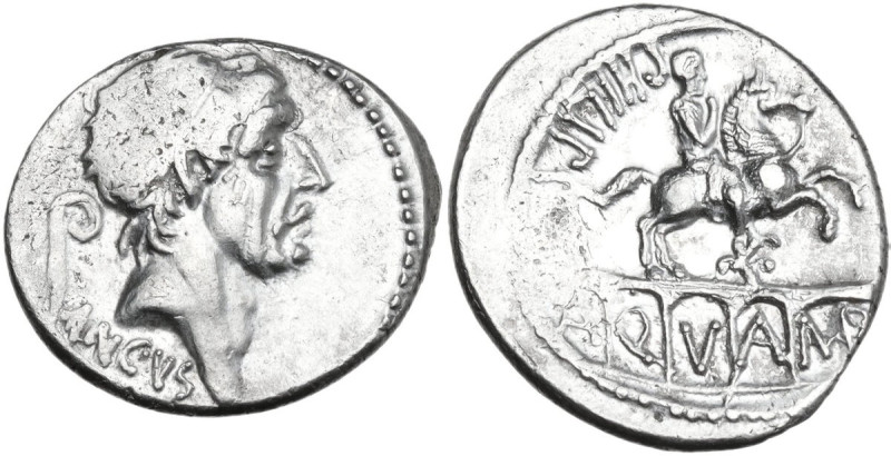 L. Marcius Philippus. AR Denarius, 56 BC. Obv. Diademed head of Ancus Marcius ri...