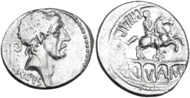 L. Marcius Philippus. AR Denarius, 56 BC. Obv. Diademed head of Ancus Marcius right; behind, lituus; below, ANCVS. Rev. PHILIPPVS. Equestrian statue r...