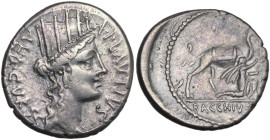 A. Plautius. Denarius, 55 BC. Obv. Turreted head of Cybele right; before, A·PLAVTIVS; behind, AED·CVR·S·C. Rev. Male figure kneeling right and extendi...