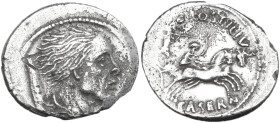 L. Hostilius Saserna. AR Denarius, 48 BC. Obv. Bearded bust of Gallic enemy with flowing hair ('Vercingetorix'); Gaulish shield behind. Rev. L HOSTILI...