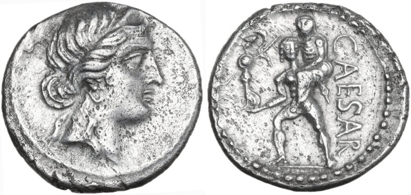 Julius Caesar. Denarius, Africa, 47-46 BC. Obv. Head of Venus right, wearing dia...