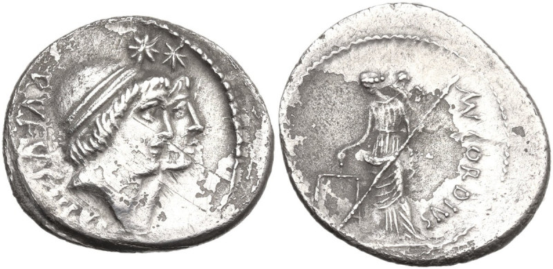 Mn. Cordius Rufus. AR Denarius, 46 BC. Obv. RVFVS. III. [VIR] Conjoined heads of...