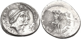 Mn. Cordius Rufus. AR Denarius, 46 BC. Obv. RVFVS. III. [VIR] Conjoined heads of the Dioscuri right, each wearing pileus laureate surmounted by star. ...
