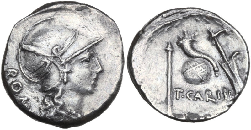 Repubblica Romana. T. Carisius. Denarius, 46 BC. Obv. Head of Roma right, wearin...