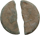 Sextus Pompeius Magnus Pius. AE As, uncertain mint moving with Pompey, 45 BC. Obv. Laureate head of Janus with features of Pompeius Magnus. Rev. Prow ...