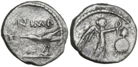 Marcus Antonius. Quinarius, unknown mint in Gallia Transalpina and Cisalpina, 43-42 BC. Obv. Lituus, jug and raven; above, M·ANT·IMP (ANT ligate). Rev...