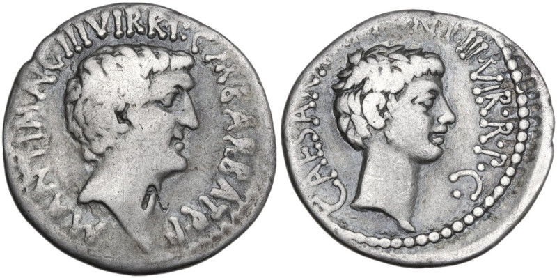 Marcus Antonius and Octavianus with M. Barbatius. Denarius, mint moving with Mar...