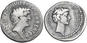 Marcus Antonius and Octavianus with M. Barbatius. Denarius, mint moving with Marcus Antonius, 41 BC. Obv. Head of Marcus Antonius right; around, M·ANT...