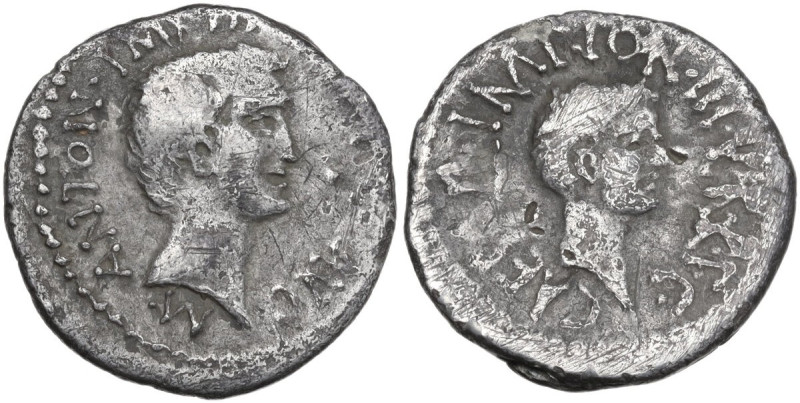 Marcus Antonius and Octavianus. Denarius, mint moving with Marcus Antonius, 39 B...