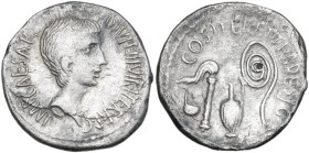 Octavian. AR Denarius, 36 BC. Obv. IMP CAESAR DIVI F III VIR ITER R P C. Bare head right. Rev. COS ITER E[T TER DESIG]. Simpulum, sprinkler, vase and ...
