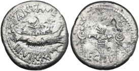 Marcus Antonius. Denarius, mint moving with Marcus Antonius, 32-31 BC. Obv. Praetorian galley right, with sceptre tied with fillet on prow; above, ANT...