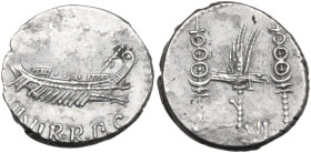 Marcus Antonius. Denarius, mint moving with Marcus Antonius, 32-31 BC. Obv. Praetorian galley right, with sceptre tied with fillet on prow; above, ANT...