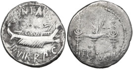 Marcus Antonius. Denarius, mint moving with Marcus Antonius, 32-31 BC. Obv. Praetorian galley right, with sceptre tied with fillet on prow; above, ANT...