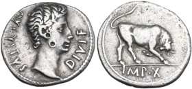 Augustus (27 BC - 14 AD). AR Denarius, Lugdunum mint, 15 BC. Obv. AVGVSTVS DIVI F. Bare head right. Rev. Bull butting right; in exergue, IMP•X. RIC I ...
