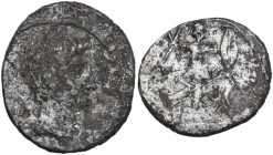 Augustus (27 BC - 14 AD). Fourrée Denarius, Uncertain value mint, 29-27 BC. Obv. Head of Octavian, bare, right. Rev. IMP CAESAR. Trophy, rudder and an...