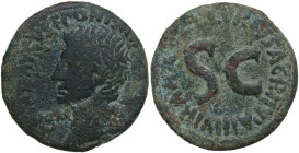 Augustus (27 BC - 14 AD). AE As, 7 BC. Obv. [CAESAR AVGVST] PONT [MAX TRIBVNIC POT]. Bare head right. Rev. P LVRIVS AGRIPPA III VIR AAA FF around larg...