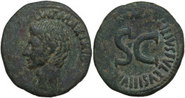 Augustus (27 BC - 14 AD). As, 7 BC. Obv. [CAESAR AVGVST] PONT MAX TRIBV[NIC POT]. Bust left, head bare. Rev. [M MAECI]LIVS TVLLVS III VIR [AAAFF], rou...