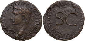 Augustus (27 BC - 14 AD). AE As, 11-12. Obv. IMP CAESAR DIVI F AVGVSTVS IMP XX. Head of Augustus, bare, left. Rev. PONTIF MAXIM TRIBVN POT XXXIIII. Le...