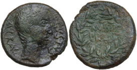 Augustus (27 BC - 14 AD). AE 23 mm, Tyndaris (Sicily) mint, Proconsul L. Mussidius Longus. Obv. Bare head right. Rev. Wreath with inscription. RPC I 6...