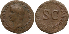 Tiberius (14-37). AE As, 21-22. Obv. TI CAESAR DIVI AVG G AVGVST IMP VIII. Bare head left. Rev. PONTIF MAXIM TRIBVN POTEST XXIIII around large SC. RIC...