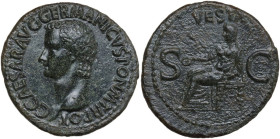 Gaius (Caligula) (37-41). AE As, Rome mint, 37-38. Obv. C CAESAR AVG GERMANICVS PON M TR POT. Head of Caligula, bare, left. Rev. VESTA S C. Vesta, vei...