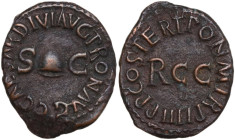 Gaius (Caligula) (37-41). AE Quadrans, Rome mint, 40-41. Obv. C CAESAR DIVI AVG PRON AVG. Pileus flanked by S C. Rev. PON M TR P IIII P P COS TERT. Le...